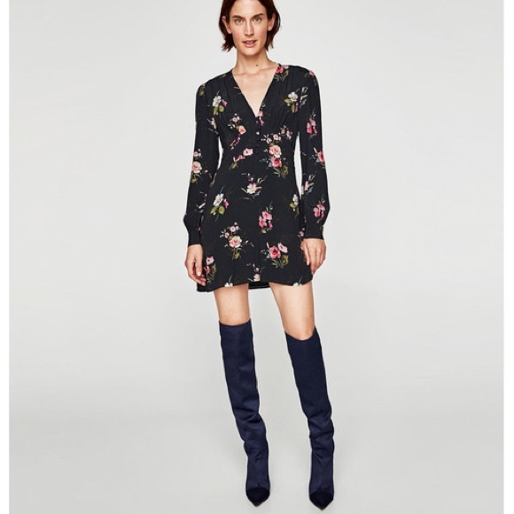 Zara black floral long sleeve button mini dress